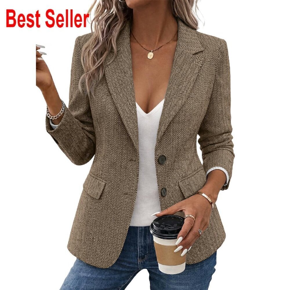 Herringbone Blazer Notched Lapel Slim Fit Business Casual Open Front Pockets